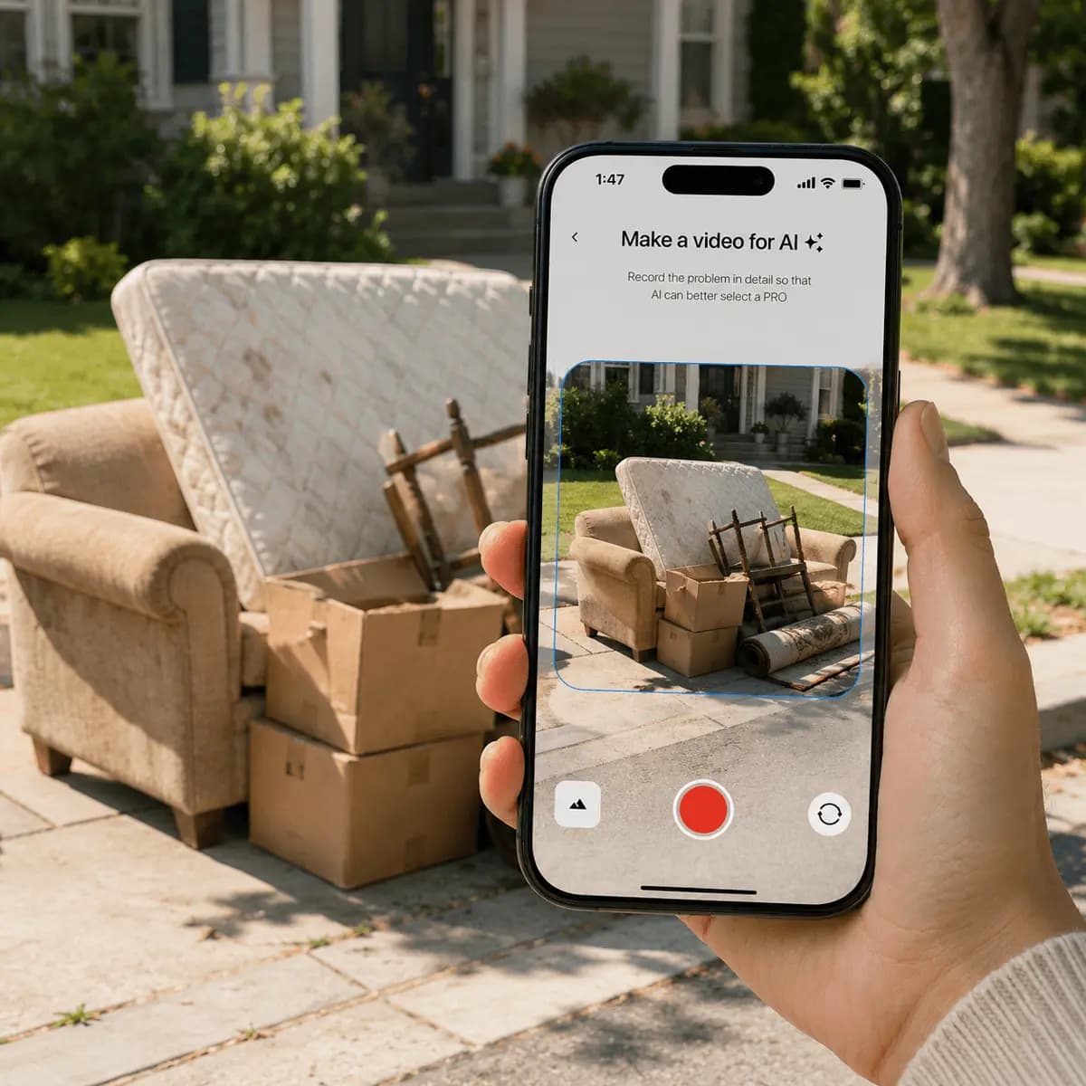 Phone recording a quote video of furniture set out for pickup